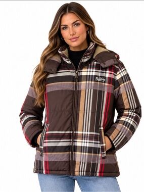 Billabong Unissex Plaid Hooded Puffer Jacket Medium Brown Red Y2K Winter Coat